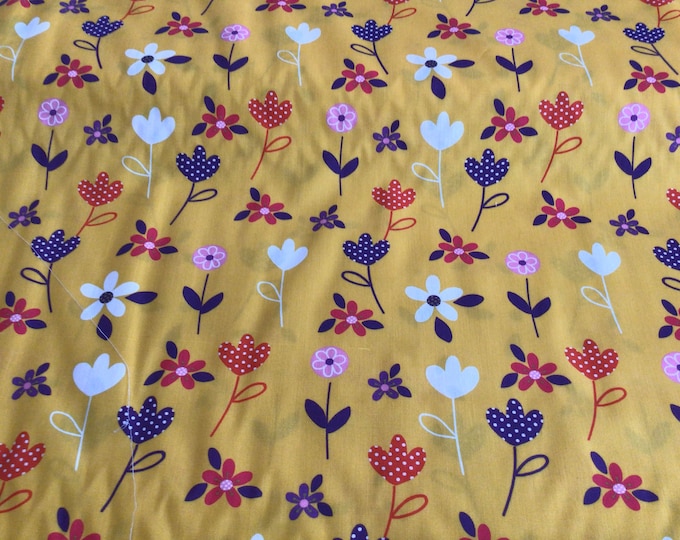 Fabric / Flower Print / Yellow Background / Smocking Fabric / Dress Fabric / Quilt Fabric /  100% Cotton / 60" W / FF 1229