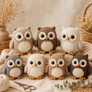 Op de afbeelding: Een verzameling van acht gehaakte uilfiguren in verschillende tinten bruin, beige en grijs. Elke uil heeft grote zwarte ogen, een witte of beige buik en kleine oranje voetjes. De uilen zijn gerangschikt op een neutrale ondergrond.