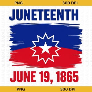以下が含まれることがあります： 上部に青色でJUNETEENTH、下部に赤色でJUNE 19, 1865という文字が配置されたデジタルグラフィック。中央には、青い上半分、赤い下半分、そして中央に白い星のシンボルが描かれた、筆致スタイルの旗がデザインされています。