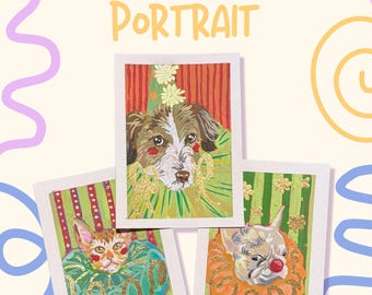 Uniek portret van gekke clown hond/kat, aangepast acrylschilderij, gouden accent, Eggieartshop