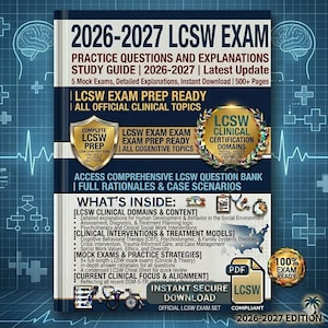 Könnte beinhalten: Ein Studienführer für die LCSW-Prüfung 2026-2027. Das Cover zeigt den Titel in großem weißen Text sowie Details zu Übungsfragen, Erklärungen und Probeexamina. Enthält ein goldenes Siegel und ein PDF-Symbol.