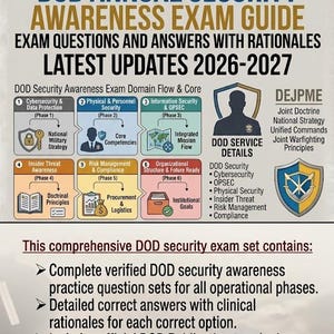 Könnte beinhalten: Ein umfassender Leitfaden für die DOD Annual Security Awareness Exam mit Updates für 2026-2027. Das Bild zeigt den Prüfungsbereichsfluss, Kernthemen und Details, einschließlich Cybersicherheit und Risikomanagement. Der Leitfaden ist als sicheres, druckfertiges PDF verfügbar.
