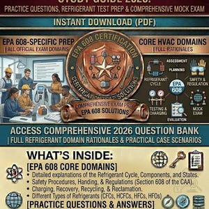 Puede incluir: Una guía de estudio digital para el examen de certificación EPA 608 HVAC 2026. El documento presenta texto, diagramas de ciclos de refrigeración e iconos que representan pruebas, seguridad y evaluación. Incluye preguntas de práctica, exámenes simulados y materiales de estudio para dominios principales, tipos I, II y III, disponible como descarga instantánea en PDF.