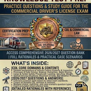 May include: A CDL General Knowledge Test Prep study guide featuring text, icons, and a central emblem. The document includes sections for core domains, 2026-2027 questions and answers, detailed rationales, and a digital download PDF for the exam.