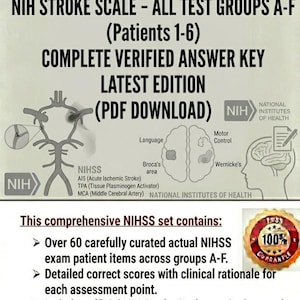 Op de afbeelding: Een digitaal document getiteld "NIH Stroke Scale - All Test Groups A-F" met de tekst "Complete Verified Answer Key". De afbeelding bevat diagrammen van de hersenen en het NIH-logo, samen met een garantiebadge.