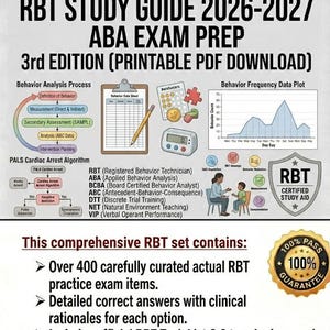 Puede incluir: Una guía de estudio para el examen RBT (Registered Behavior Technician) 2026-2027, con el texto «ABA Exam Prep». La imagen incluye diagramas, gráficos y un distintivo de garantía. Disponible en PDF imprimible.