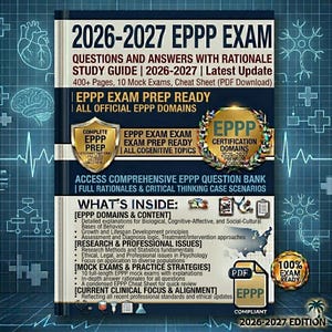 May include: A dark blue study guide book titled 2026-2027 EPPP EXAM, featuring gold shield and laurel emblems. The cover lists 400+ pages, 10 mock exams, and a PDF cheat sheet. It includes detailed sections on EPPP domains, research, and clinical focus.