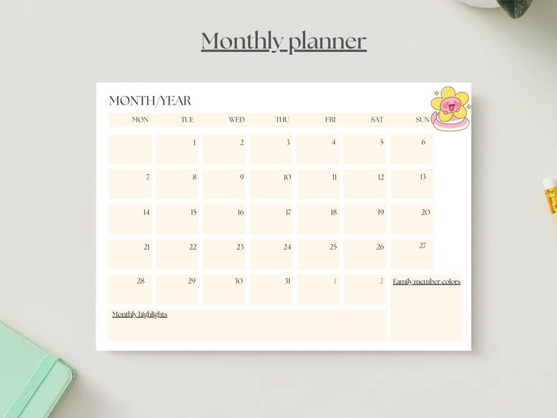 May include: A monthly planner with a cream-colored background. The planner features a calendar grid with dates and spaces for notes. The top of the planner has the text "Monthly planner" and "MONTH/YEAR". A cartoon flower is in the upper right corner.