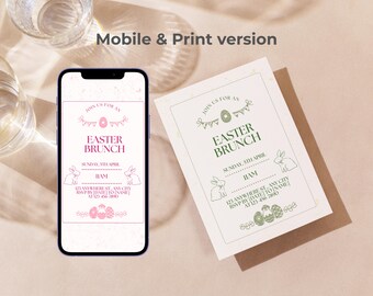 May include: A smartphone displaying a pink Easter brunch invitation and a matching printed card in green, both featuring illustrations of bunnies, decorated eggs, and bunting, with text reading Join Us For An Easter Brunch, Sunday, 5th April, 11AM.