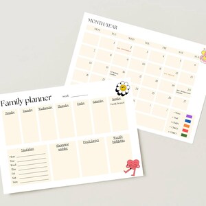 May include: Two beige family planners with black text and colorful graphics. One is a weekly planner with sections for meal plans and shopping lists. The other is a monthly calendar with dates and a key for family members.