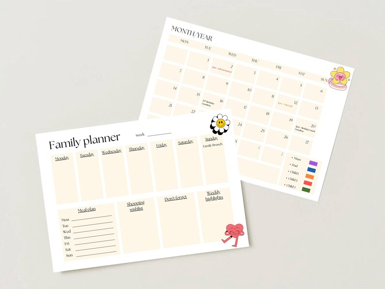 May include: Two beige family planners with black text and colorful graphics. One is a weekly planner with sections for meal plans and shopping lists. The other is a monthly calendar with dates and a key for family members.