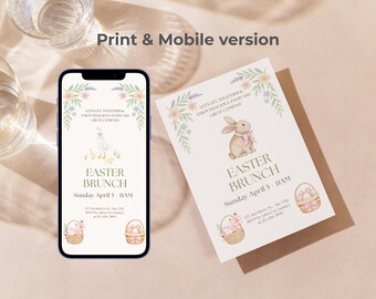 Easter Brunch Invitation – Watercolor Duck Bunny Family Invite (Digital Download)