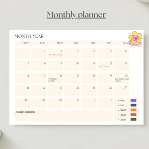 May include: A monthly planner with a light beige background. The planner has a calendar grid with dates and spaces for notes. The top of the planner reads "Monthly planner". A colorful flower graphic is in the upper right corner.