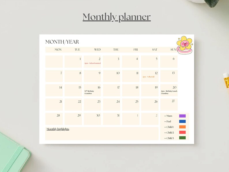 May include: A monthly planner with a light beige background. The planner has a calendar grid with dates and spaces for notes. The top of the planner reads "Monthly planner". A colorful flower graphic is in the upper right corner.