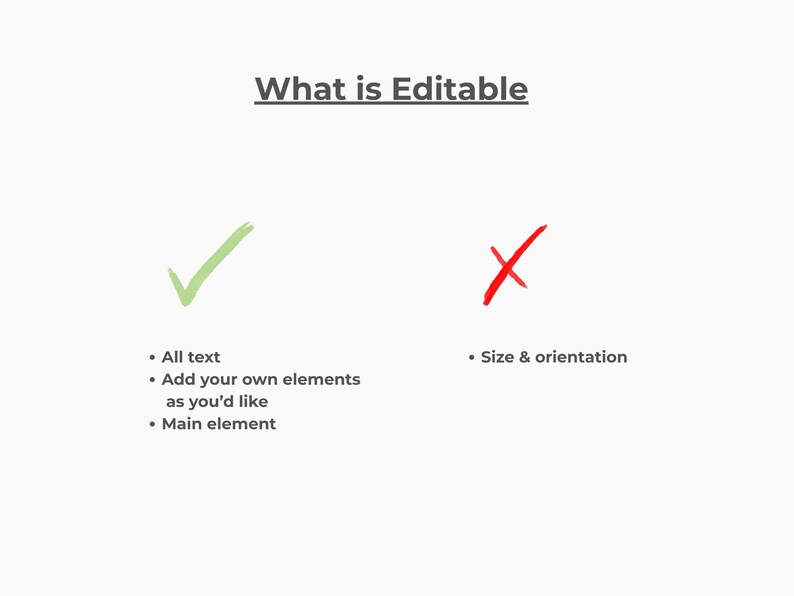 May include: An image with the title "What is Editable" features a green checkmark and a red X. The checkmark is next to a list of editable elements: all text, add your own elements, and main element. The red X is next to "Size & orientation."