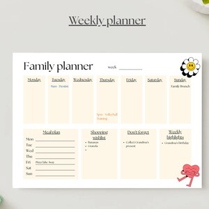 May include: A white family planner with the text "Family planner" and "Weekly planner". The planner includes sections for each day of the week, a meal plan, shopping wishlist, and weekly highlights. Decorative flower and heart graphics are included.