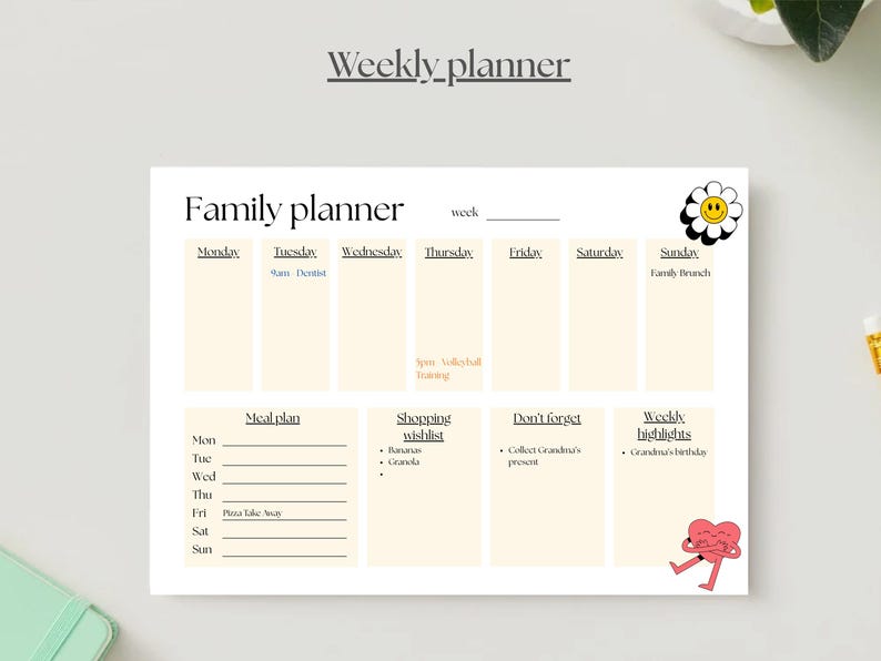 May include: A white family planner with the text "Family planner" and "Weekly planner". The planner includes sections for each day of the week, a meal plan, shopping wishlist, and weekly highlights. Decorative flower and heart graphics are included.
