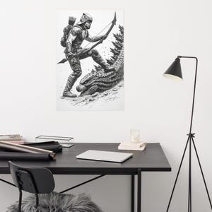 Puede incluir: Ilustración en blanco y negro de un arquero con armadura, apuntando con un arco y una flecha. El arquero está sobre una gran criatura reptiliana. La obra de arte es detallada, con sombreado y textura.