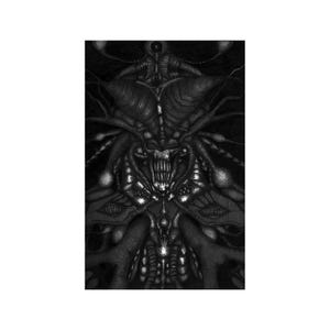 May include: A detailed black and white illustration of a monstrous, alien-like creature. The artwork features intricate details, including sharp teeth, multiple appendages, and a complex, organic design. The overall aesthetic is dark and foreboding.
