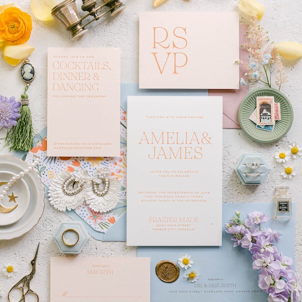 Amelia Wedding Suite | Trendy Wedding Invitation | Unique Wedding Invite | Bright Wedding Invitations | Modern Wedding Invitations | Blush