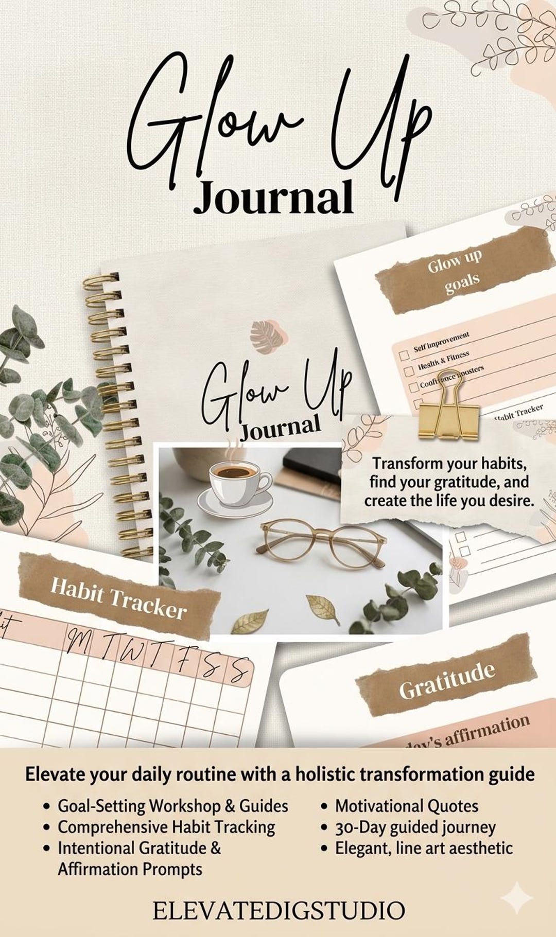 Glow up Journal Printable | Self Improvement Planner | Gratitude ...