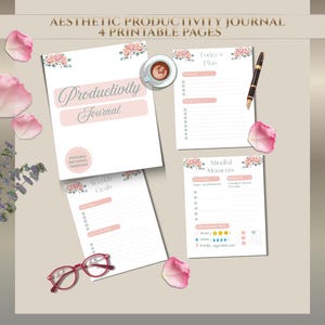 Puede incluir: Diario de productividad estética con cuatro páginas imprimibles. El diario incluye páginas para planes diarios, objetivos semanales y momentos de atención plena. Decorado con detalles florales, incluye una taza de café, un bolígrafo y gafas rojas.