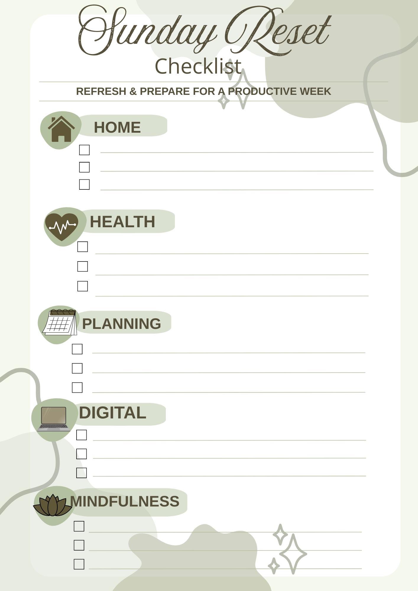 Sunday Reset Checklist Printable – Weekly Reset Planner – Minimal ...