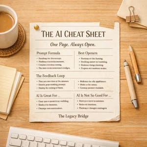 May include: A vintage-style paper titled "THE AI CHEAT SHEET" is pinned to a wooden desk. The sheet lists prompt formulas, best openers, and feedback loops. A cup of coffee, pencils, and a keyboard are also on the desk.