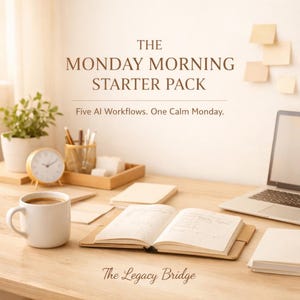Puede incluir: Un espacio de trabajo con una taza de café, un cuaderno y un portátil. El texto dice "The Monday Morning Starter Pack" y "Five AI Workflows. One Calm Monday." También se ven un reloj pequeño y una planta.