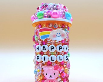 Bedazzled Pill Bottle, Personalized and Custom, Jewel Covered, Cabochon Charms, Kawaii, Rhinestone Jeweled, Gift for Her, Happy Pills
