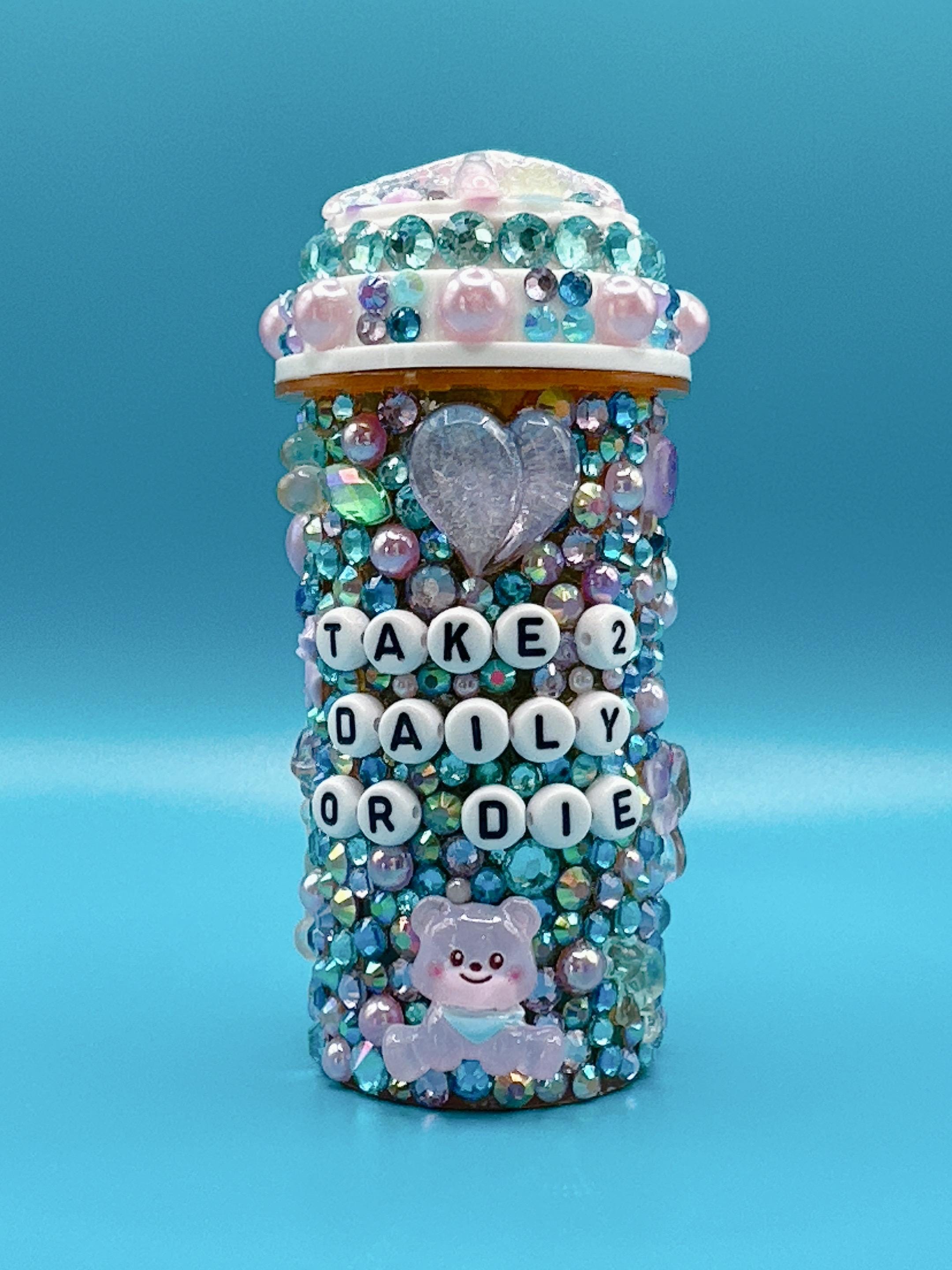 XL 20 DRAM Bedazzled Pill Bottle, Personalized and Custom, Jewel Covered, Cabochon Charms, Kawaii, Rhinestone, Happy Pills, SIZE Extra Large