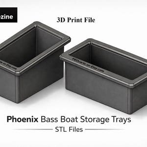 May include: Two dark gray rectangular storage trays for a bass boat, labeled "Phoenix Bass Boat Storage Trays" and "STL Files." The trays are 5.25 inches deep. The image also includes the text "3D Print File" and the logo for PEDezine.
