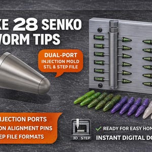 Pode incluir: Imagem de um molde de pontas de minhoca Senko com o texto "MAKE 28 SENKO WORM TIPS". A imagem mostra um molde de metal, uma ferramenta de injeção de metal e várias pontas de minhoca de plástico em verde, roxo e branco. O texto também inclui "DUAL-PORT INJECTION MOLD STL & STEP FILE".