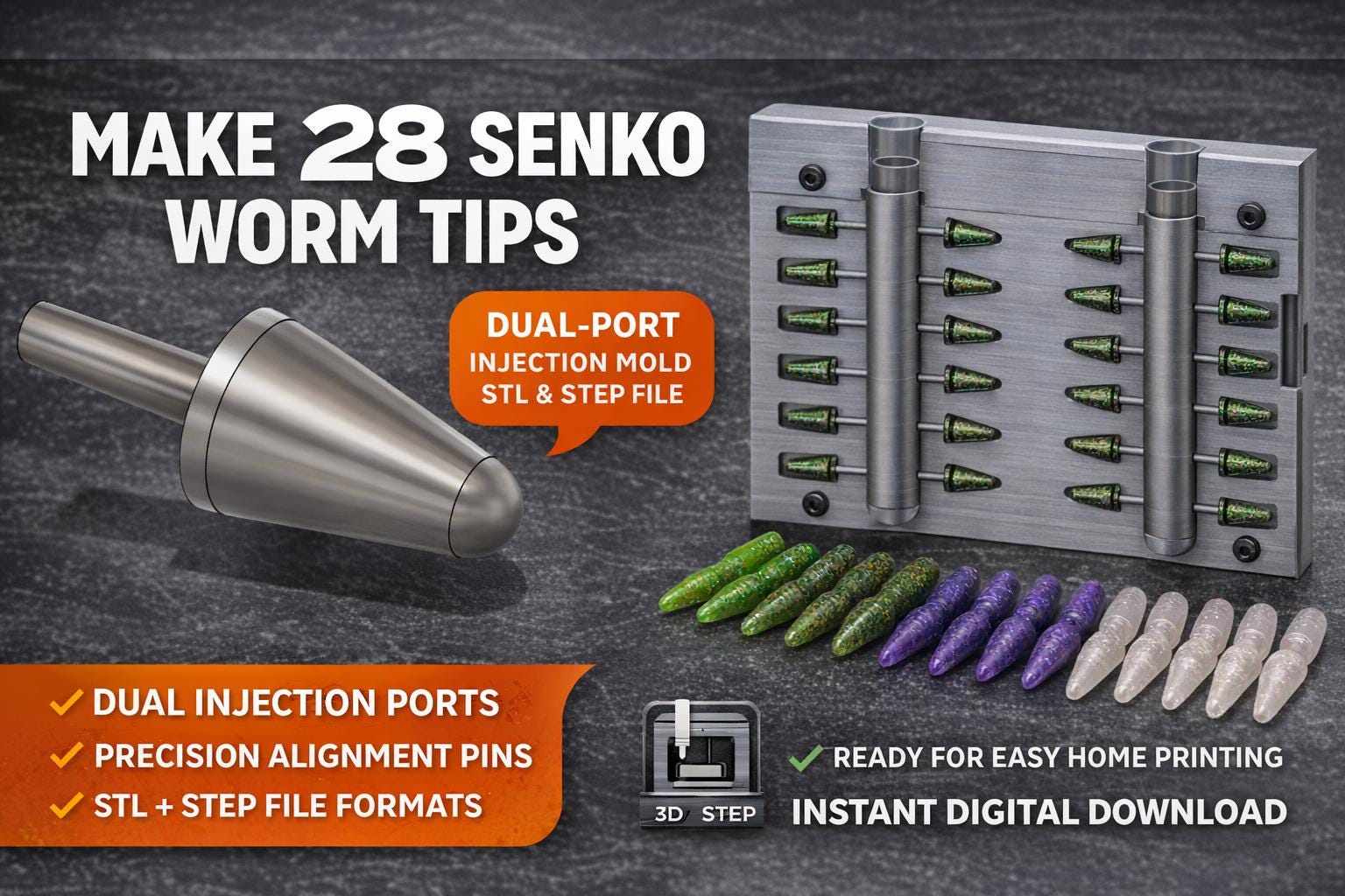 Senko Tip Injection Mold (3D Print File) — 28‑cavity Soft Plastic Mold ...