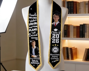 Custom graduation stoles with photo: Personalized Class of 2026 School Name Sash