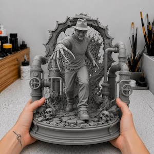 Könnte beinhalten: Eine graue Harzskulptur einer Figur mit Fedora und Pullover mit Klauenhandschuh, die auf einem Sockel mit Totenköpfen, rissigem Boden und Industrierohren steht. Die Figur ist von einer kreisförmigen, flammenartigen Struktur in monochromer Optik umrahmt.