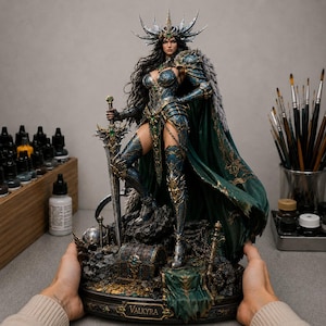 Può includere: Una statuetta dettagliata di Valkyra che raffigura una guerriera in armatura blu e oro decorata con un mantello verde, che impugna una grande spada. La figura poggia su una base rocciosa con uno scrigno e monete d'oro, con il nome Valkyra inciso.