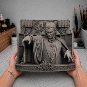 May include: A gray, detailed resin sculpture of a vampire figure wearing a formal suit with a high collar and a cape. The figure is positioned within a decorative frame featuring curtains and a fleur-de-lis emblem at the base, capturing a dramatic pose.