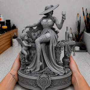 Puede incluir: Una estatua de resina gris monocromática de una mujer alta con sombrero de ala ancha, vestido largo y medias de encaje sentada en un trono adornado. Un pequeño querubín alado está a su lado junto a una mesa con una botella y una copa.