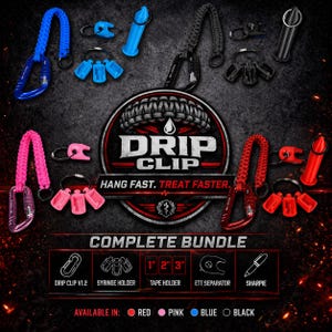 May include: A complete bundle of medical accessories, including a drip clip, syringe holder, tape holder, ETT separator, and Sharpie. Available in red, pink, blue, and black. The image features the text "DRIP CLIP" and "HANG FAST. TREAT FASTER."