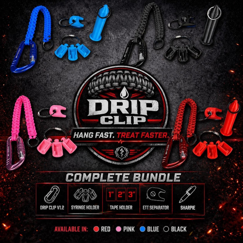 Puede incluir: Un paquete completo de accesorios m&eacute;dicos, que incluye un clip de goteo, un soporte para jeringas, un soporte para cinta adhesiva, un separador ETT y un Sharpie. Disponible en rojo, rosa, azul y negro. El texto "DRIP CLIP" y "HANG FAST. TREAT FASTER."