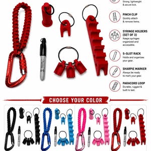 May include: A complete set of gear organization tools including a red paracord loop with a carabiner, a cylindrical cap, a pinch clip, a three-slot syringe holder, a five-slot rack, and a Sharpie marker. The set is available in black, blue, pink, and red.