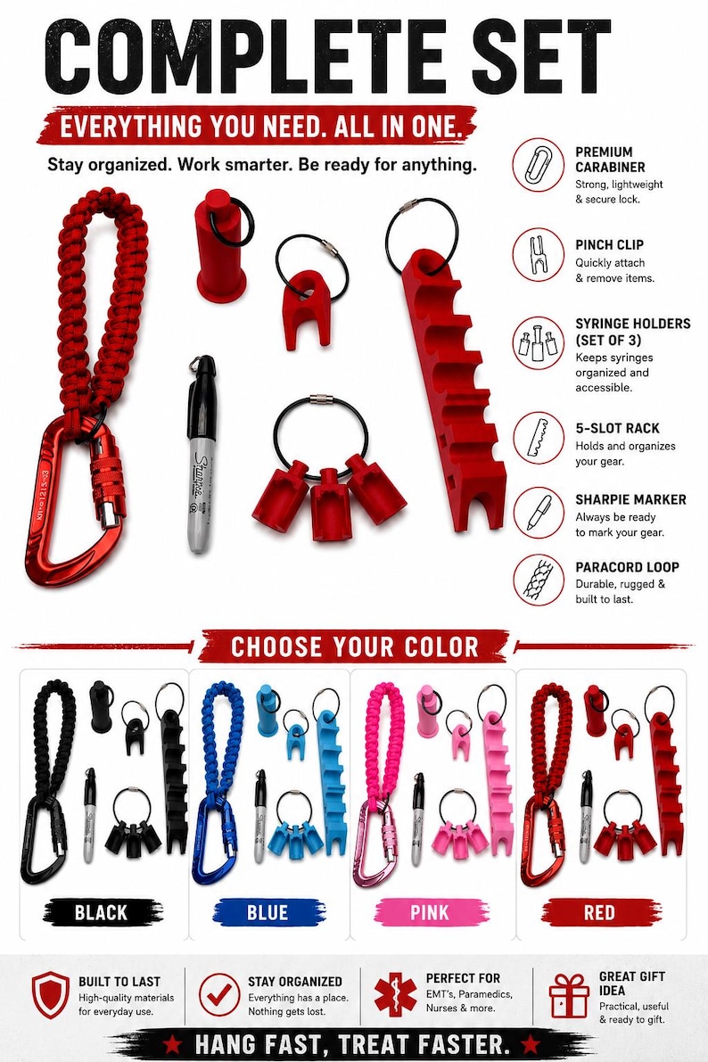 May include: A complete set of gear organization tools including a red paracord loop with a carabiner, a cylindrical cap, a pinch clip, a three-slot syringe holder, a five-slot rack, and a Sharpie marker. The set is available in black, blue, pink, and red.