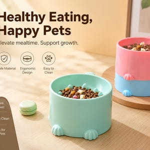 Puede incluir: Dos cuencos para comida de mascotas, uno rosa y azul, el otro verde menta, llenos de pienso. Los cuencos tienen forma de patas. El texto dice "Healthy Eating, Happy Pets" y "Elevate mealtime. Support growth."