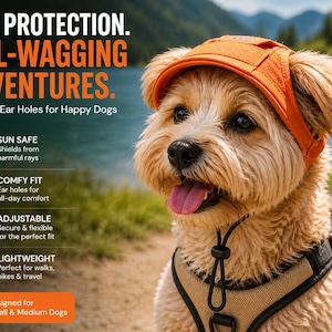 May include: A small dog wearing an orange sun hat with ear holes, and a beige harness. The image includes text that reads "SUN PROTECTION. TAIL-WAGGING ADVENTURES. Hat with Ear Holes for Happy Dogs."