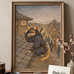May include: A framed art print featuring a ninja cat in a black outfit, holding a device, overlooking a Japanese village scene. The print has a wooden frame and includes the text "Ninja Cat Art Print".