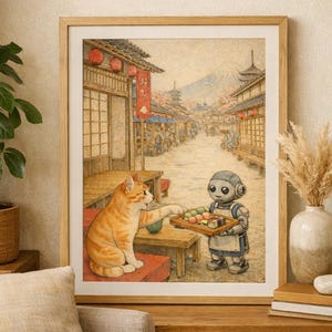 以下が含まれることがあります： 日本の村で猫とロボットを描いた額入りのプリント。猫はロボットが持っている寿司のトレイに手を伸ばしています。背景には伝統的な建物、桜、山が描かれています。