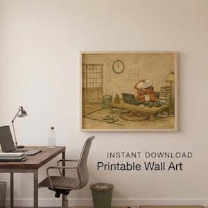 Ukiyo-e Yokai Working From Home Poster | Funny Japanese Yokai With Laptop | Edo Style Remote Work Art | Japanese Mythology Digital Download