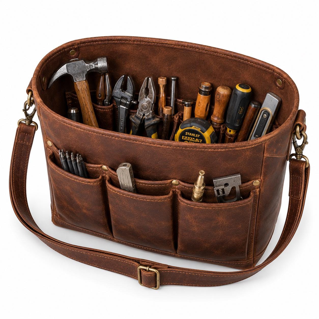 Leather Tool Bag, Genuine Leather Carpenter Tool Tote with Shoulder Strap