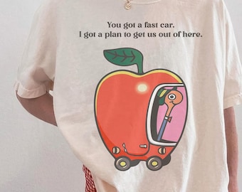 Koszulka z motywem retro „Szybki samochód”, motyw z motywem Apple Car Driving, koszulka z cytatem Tracy Chapman, koszulka z motywem „Ucieczka z kaprysu”, koszulka z Richardem Scarrym